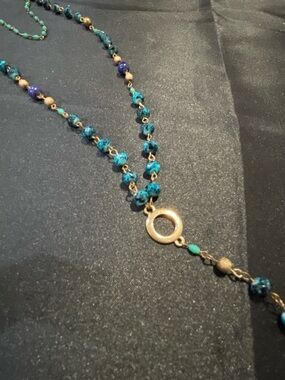Gold and Turquoise Beaded Rosary-Style Necklace - Women Jewelry